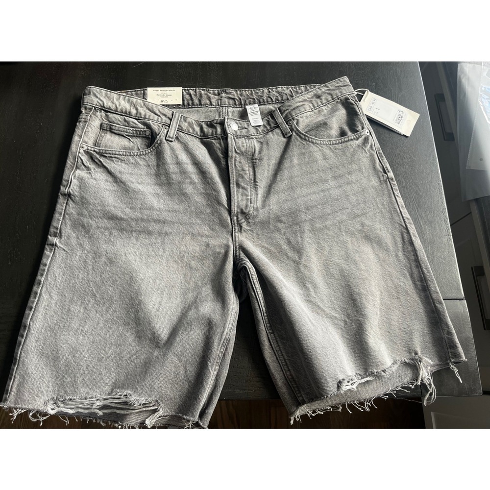 HM Baggy Bermuda Shorts Grey Denim Low Waist Raw Hem Jorts US 16 NWT Skater Y2K